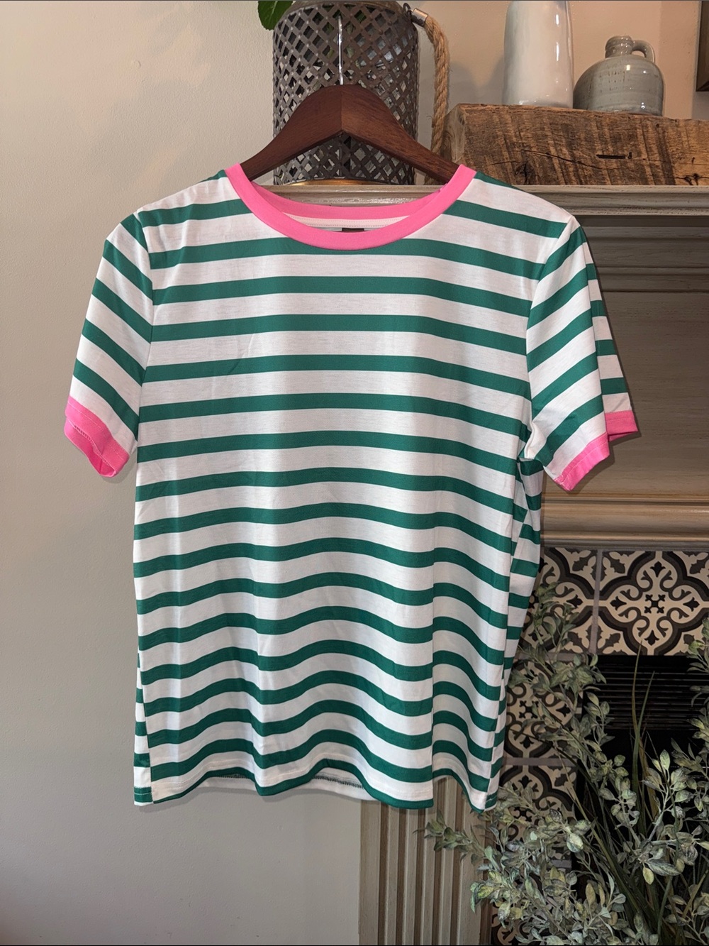 SHEIN NWOT Green & White Striped Short Sleeve Tee with Pink Trim